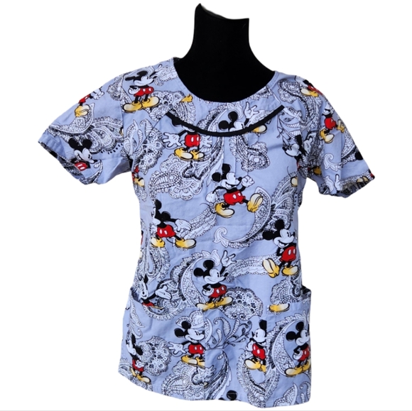 Disney Mickey Mouse Scrub Top XS | Paisley Print | 100% Cotton - Picture 1 of 3
